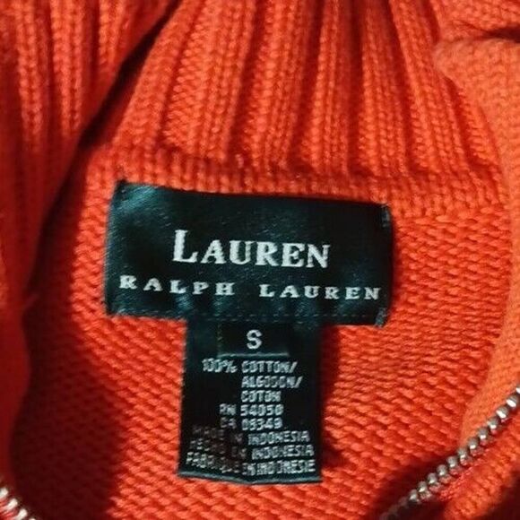 Lauren Ralph Lauren Sweater Mens Small 1/4 Zip Orange Embroidery Crest Cotton - Picture 5 of 7